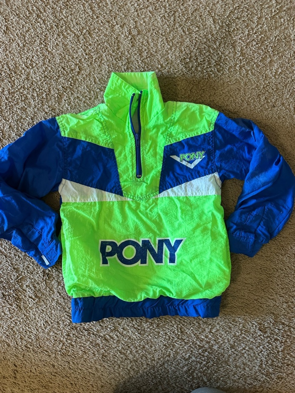 Vintage Kids Pony Nylon 1/4 Zip Pullover Windbreaker Lined Neon Green/Blue